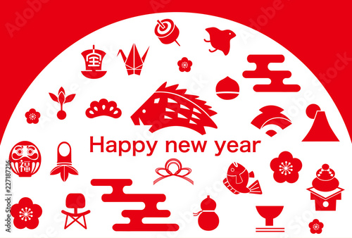 イラスト素材: 年賀状　2019　デザイン　　亥年