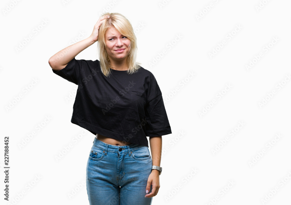 Fototapeta premium Young beautiful blonde woman over isolated background confuse and wonder about question. Uncertain with doubt, thinking with hand on head. Pensive concept.