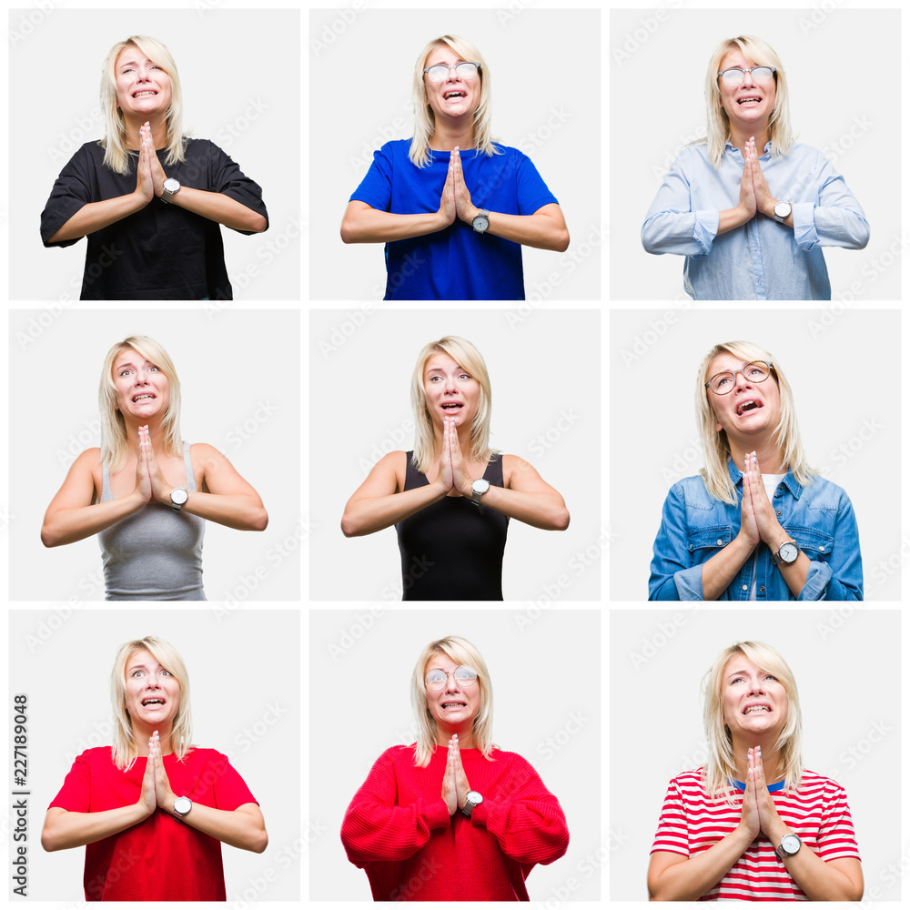 Collage of beautiful blonde woman wearing differents casual looks over isolated background begging and praying with hands together with hope expression on face very emotional and worried Collage of beautiful blonde woman wearing differents casual looks over isolated background begging and praying with hands together with hope expression on face very emotional and worried