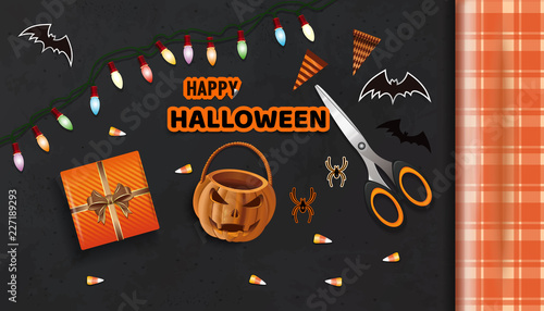 Preparing for the celebration of Halloween. Happy Halloween. Table with gifts for Halloween view from above. Vector illustration