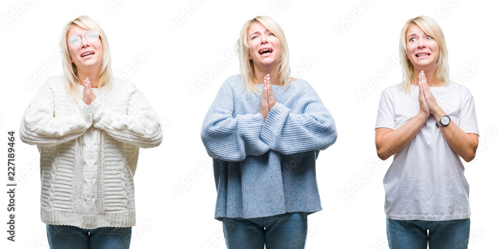 Collage of beautiful blonde woman wearing winter sweater over isolated background begging and praying with hands together with hope expression on face very emotional and worried