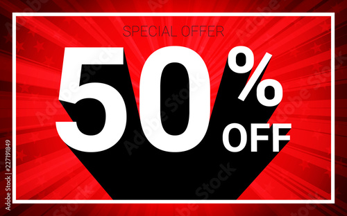 50% OFF Sale. White color 3D text and black shadow on red burst background design. Discount special offer promo advertising concept vector illustration.