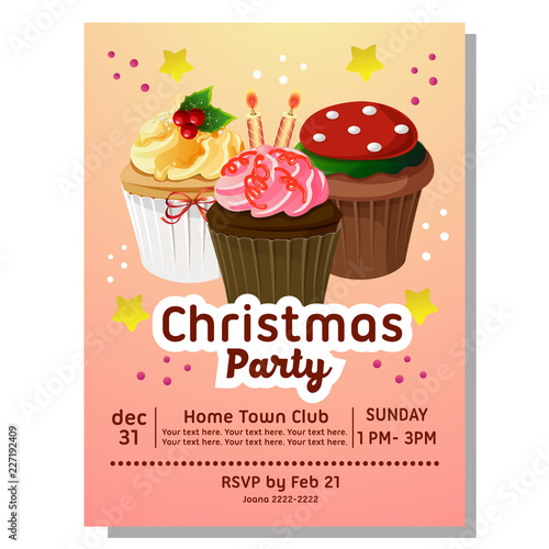colorful christmas party invitation card with cupcake