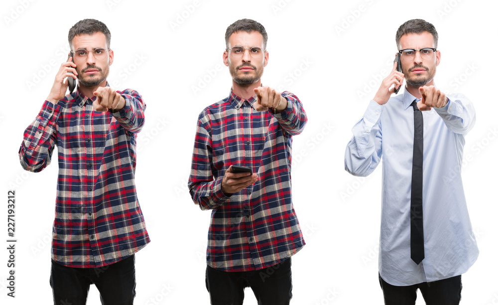 Collage of young business man working using smartphone over white isolated background pointing with finger to the camera and to you, hand sign, positive and confident gesture from the front Collage of young business man working using smartphone over white isolated background pointing with finger to the camera and to you, hand sign, positive and confident gesture from the front