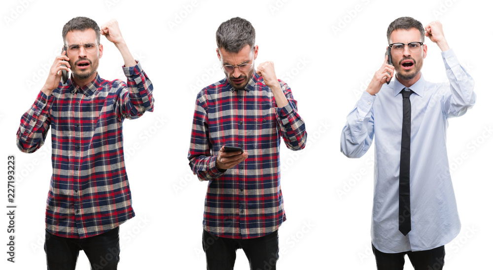 Collage of young business man working using smartphone over white isolated background annoyed and frustrated shouting with anger, crazy and yelling with raised hand, anger concept Collage of young business man working using smartphone over white isolated background annoyed and frustrated shouting with anger, crazy and yelling with raised hand, anger concept