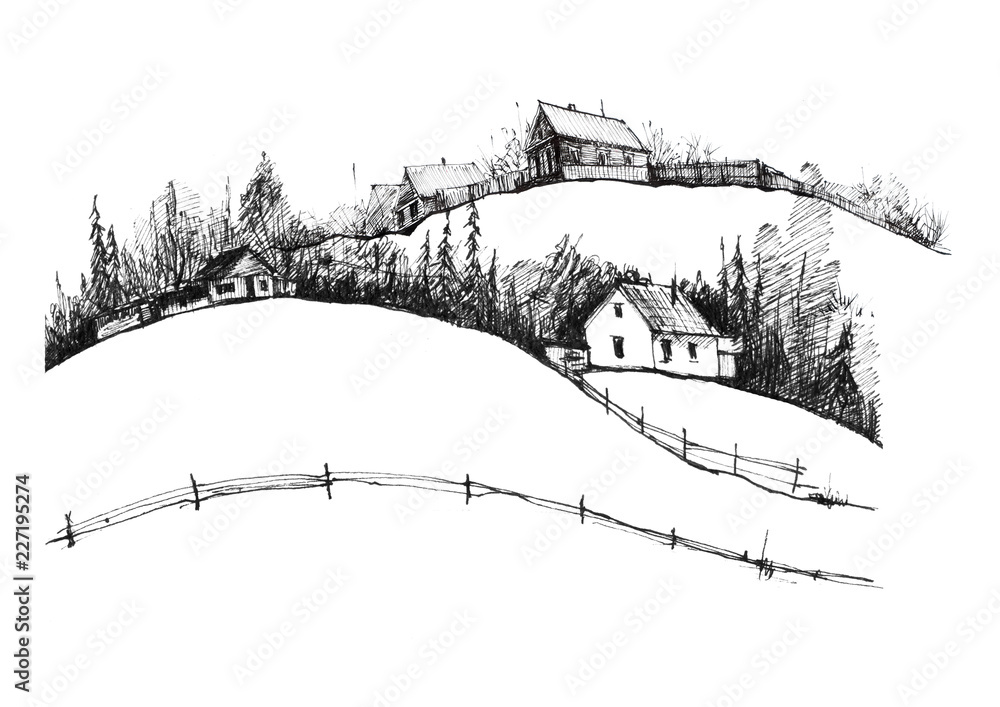 Country  landscape. Graphic work with ink. Black and white drawing of houses, a fence, bushes. On white isolated background. Winter, autumn, summer landscape. Vintage postcard, card, logo.