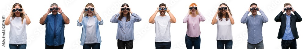 Collage of group of people looking through binoculars over isolated background with a happy face standing and smiling with a confident smile showing teeth Collage of group of people looking through binoculars over isolated background with a happy face standing and smiling with a confident smile showing teeth