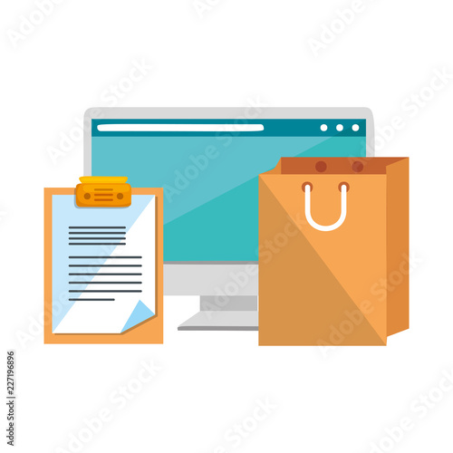 computer with checklist and shopping bag