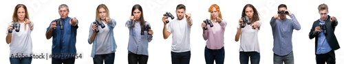 Collage of group of people looking through binoculars over isolated background pointing with finger to the camera and to you, hand sign, positive and confident gesture from the front