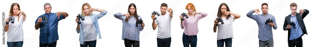 Collage of group of people looking through binoculars over isolated background with angry face, negative sign showing dislike with thumbs down, rejection concept Collage of group of people looking through binoculars over isolated background with angry face, negative sign showing dislike with thumbs down, rejection concept