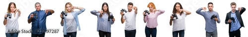 Collage of group of people looking through binoculars over isolated background with angry face, negative sign showing dislike with thumbs down, rejection concept