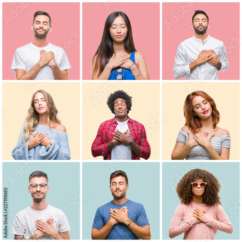 Collage of group of young people woman and men over colorful isolated background smiling with hands on chest with closed eyes and grateful gesture on face. Health concept.