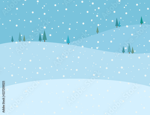 Vector illustration of blue winter scenery background. Snow falling on the mountains landscape in winter image.