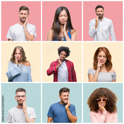 Collage of group of young people woman and men over colorful isolated background touching mouth with hand with painful expression because of toothache or dental illness on teeth. Dentist concept.