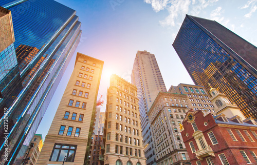 Boston downtown streets near Old State House at sunset photo