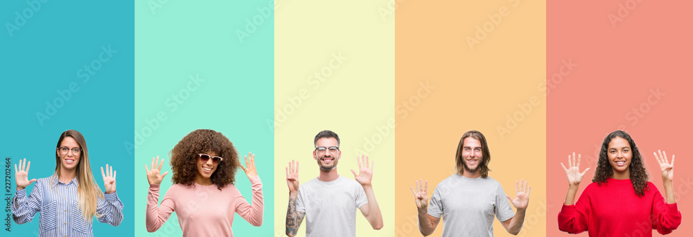 Fototapeta premium Collage of group of young people over colorful vintage isolated background showing and pointing up with fingers number nine while smiling confident and happy.