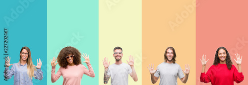 Collage of group of young people over colorful vintage isolated background showing and pointing up with fingers number ten while smiling confident and happy.