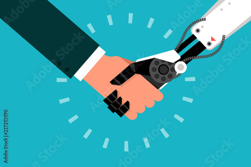 Businessman shaking hand with robot.