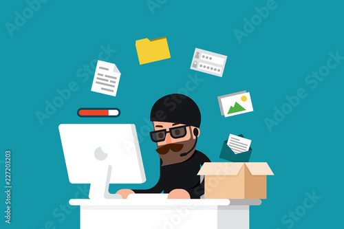 Happy man working on computer with speech bubble.