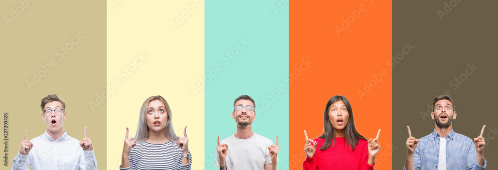 Fototapeta premium Collage of group of young people over colorful isolated background amazed and surprised looking up and pointing with fingers and raised arms.