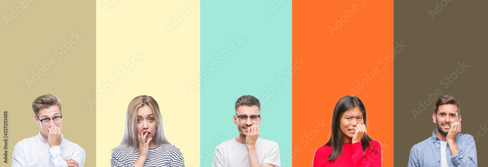 Fototapeta premium Collage of group of young people over colorful isolated background looking stressed and nervous with hands on mouth biting nails. Anxiety problem.