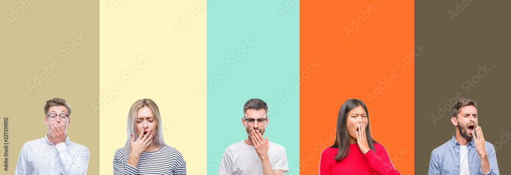 Fototapeta premium Collage of group of young people over colorful isolated background bored yawning tired covering mouth with hand. Restless and sleepiness.