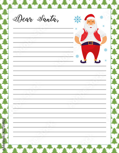 Letter to Santa template, printable page. Christmas tree with gifts on a festive background.