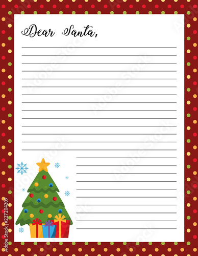 Letter to Santa template, printable page. Christmas tree with gifts on a festive background.