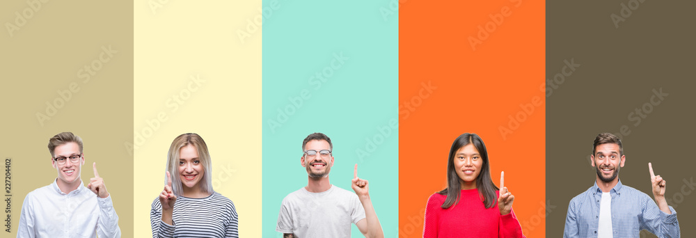 Fototapeta premium Collage of group of young people over colorful isolated background showing and pointing up with finger number one while smiling confident and happy.