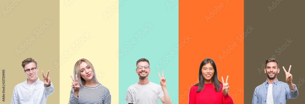 Fototapeta premium Collage of group of young people over colorful isolated background showing and pointing up with fingers number two while smiling confident and happy.