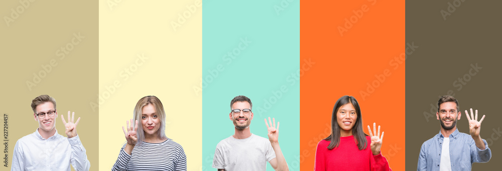 Fototapeta premium Collage of group of young people over colorful isolated background showing and pointing up with fingers number four while smiling confident and happy.