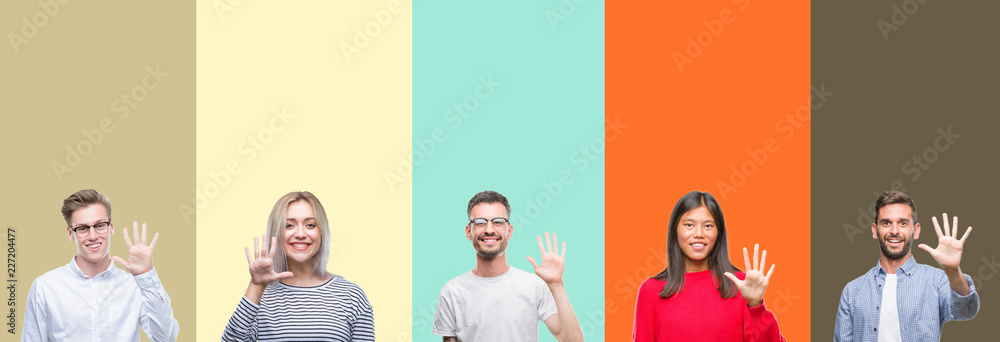 Fototapeta premium Collage of group of young people over colorful isolated background showing and pointing up with fingers number five while smiling confident and happy.