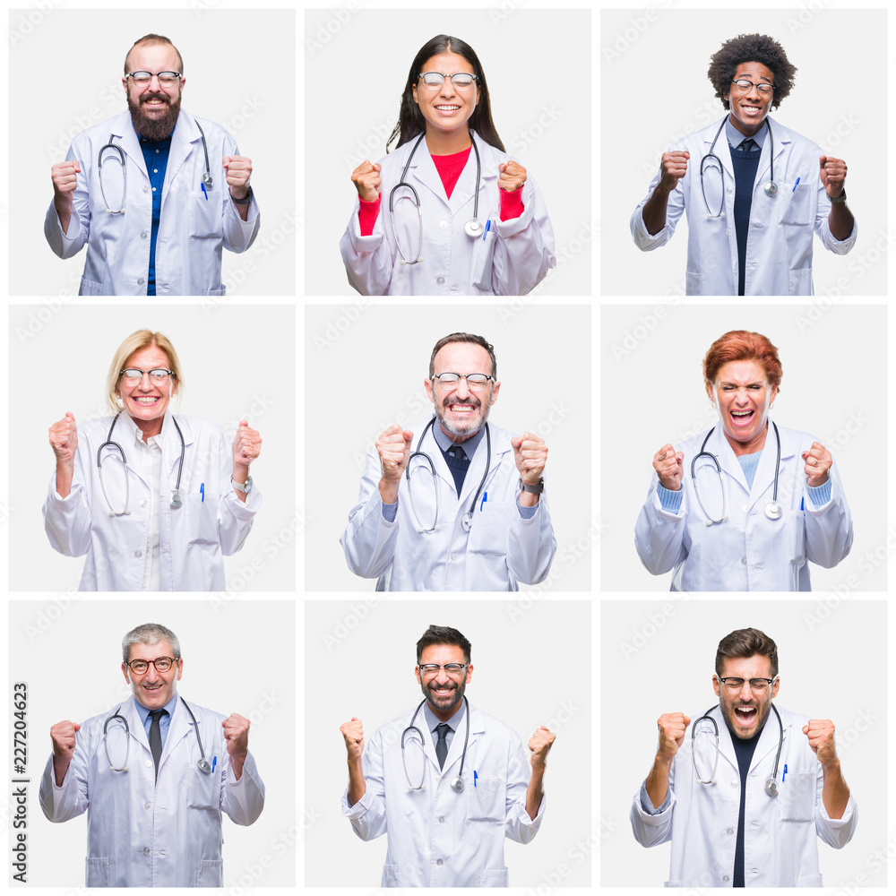 Collage of group of doctor people wearing stethoscope over isolated background excited for success with arms raised celebrating victory smiling. Winner concept. Collage of group of doctor people wearing stethoscope over isolated background excited for success with arms raised celebrating victory smiling. Winner concept.
