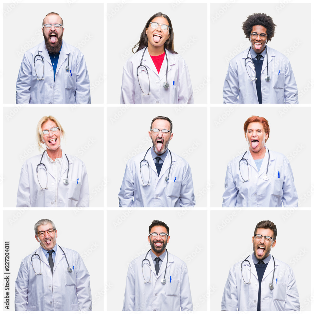 Collage of group of doctor people wearing stethoscope over isolated background sticking tongue out happy with funny expression. Emotion concept. Collage of group of doctor people wearing stethoscope over isolated background sticking tongue out happy with funny expression. Emotion concept.