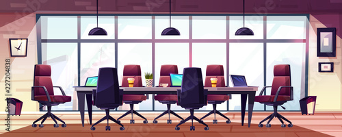 Business meeting room, company boardroom interiour cartoon vector with comfortable armchairs, laptops and coffee cups on long table illustration. Morning meeting, early briefing or informal event in