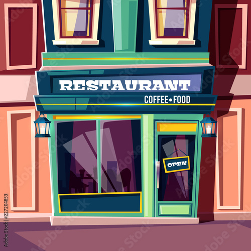 Wallpaper Mural City street restaurant with open plate on entrance door and vintage lanterns on facade cartoon vector illustration. Sidewalk cafe, local family cafeteria, small business eatery with retro exterior Torontodigital.ca