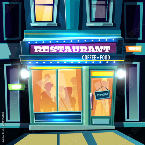 Small restaurant full of visitors at evening time on city street cartoon vector illustration. Local cafeteria, cozy coffee shop or cafe with bright illumination on facade and open plate on entrance