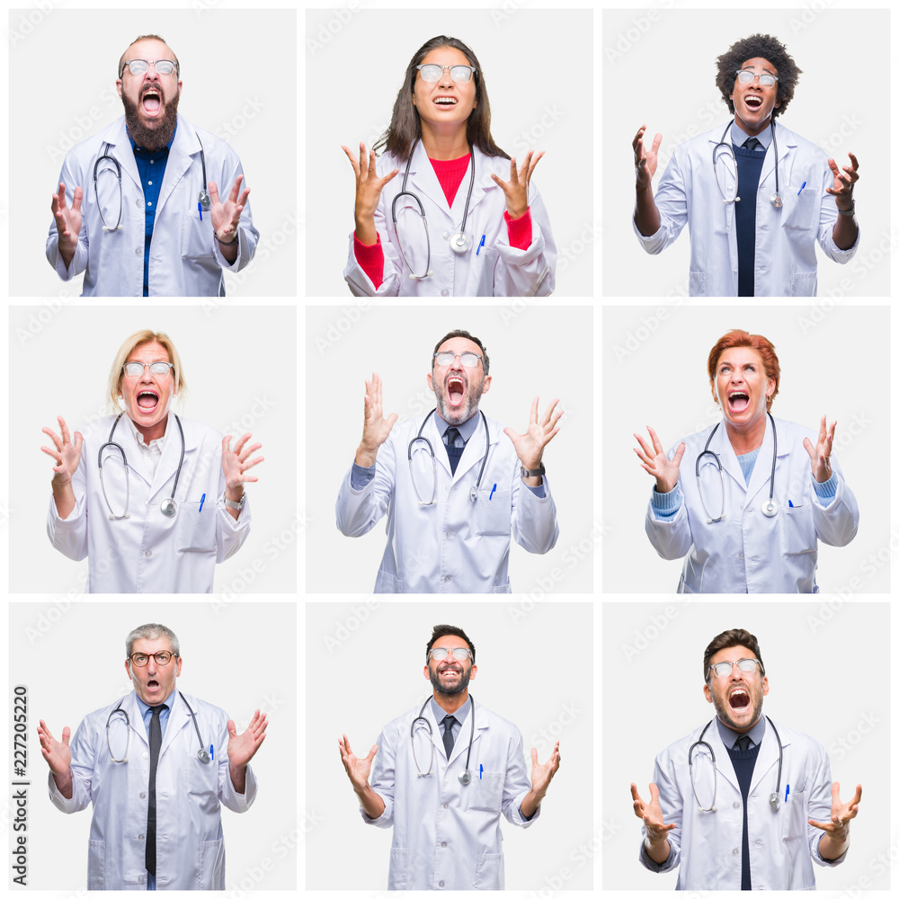 Collage of group of doctor people wearing stethoscope over isolated background crazy and mad shouting and yelling with aggressive expression and arms raised. Frustration concept. Collage of group of doctor people wearing stethoscope over isolated background crazy and mad shouting and yelling with aggressive expression and arms raised. Frustration concept.