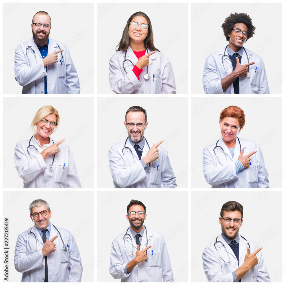 Collage of group of doctor people wearing stethoscope over isolated background cheerful with a smile of face pointing with hand and finger up to the side with happy and natural expression on face Collage of group of doctor people wearing stethoscope over isolated background cheerful with a smile of face pointing with hand and finger up to the side with happy and natural expression on face