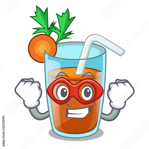 Super hero homemade carrot smoothie in cartoon glass