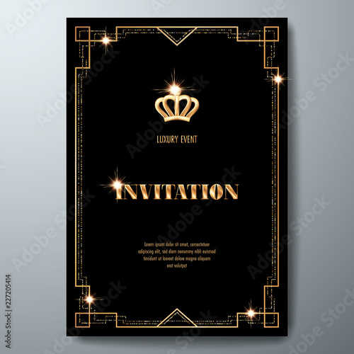 VIP invitation template with golden crown and art deco frame on black background