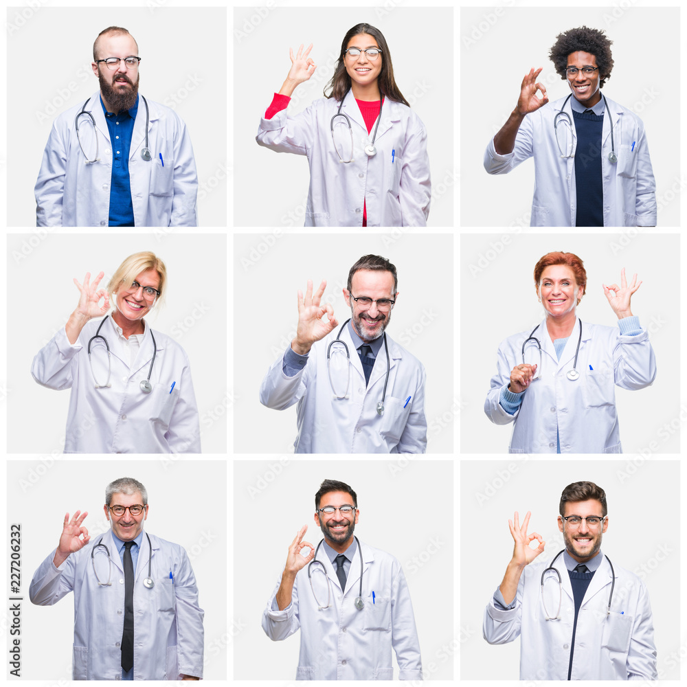 Collage of group of doctor people wearing stethoscope over isolated background smiling positive doing ok sign with hand and fingers. Successful expression. Collage of group of doctor people wearing stethoscope over isolated background smiling positive doing ok sign with hand and fingers. Successful expression.