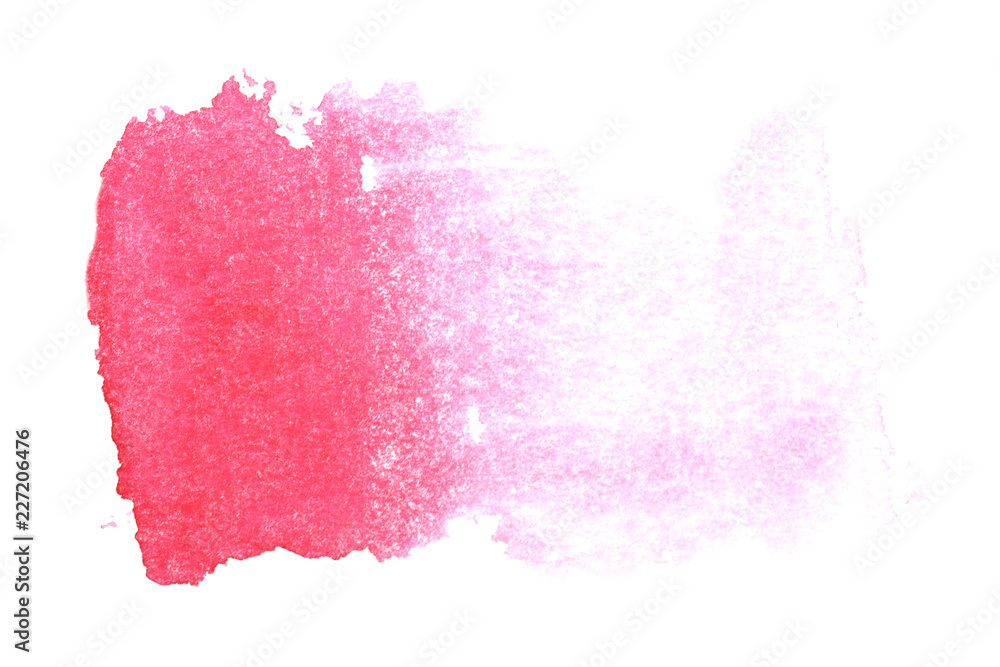 Red-pink stain with jagged edges and blur effect on a white background. Watercolor. Drawn by hand.