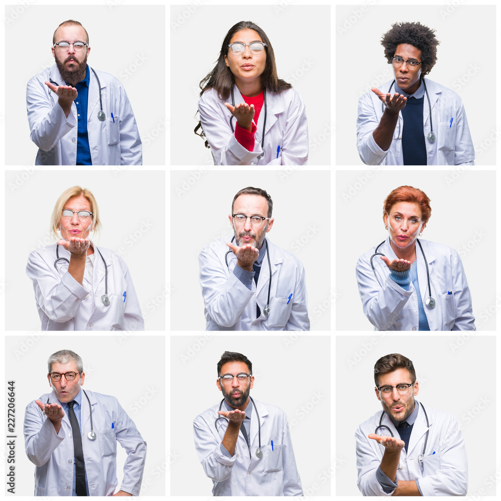 Collage of group of doctor people wearing stethoscope over isolated background looking at the camera blowing a kiss with hand on air being lovely and sexy. Love expression. Collage of group of doctor people wearing stethoscope over isolated background looking at the camera blowing a kiss with hand on air being lovely and sexy. Love expression.