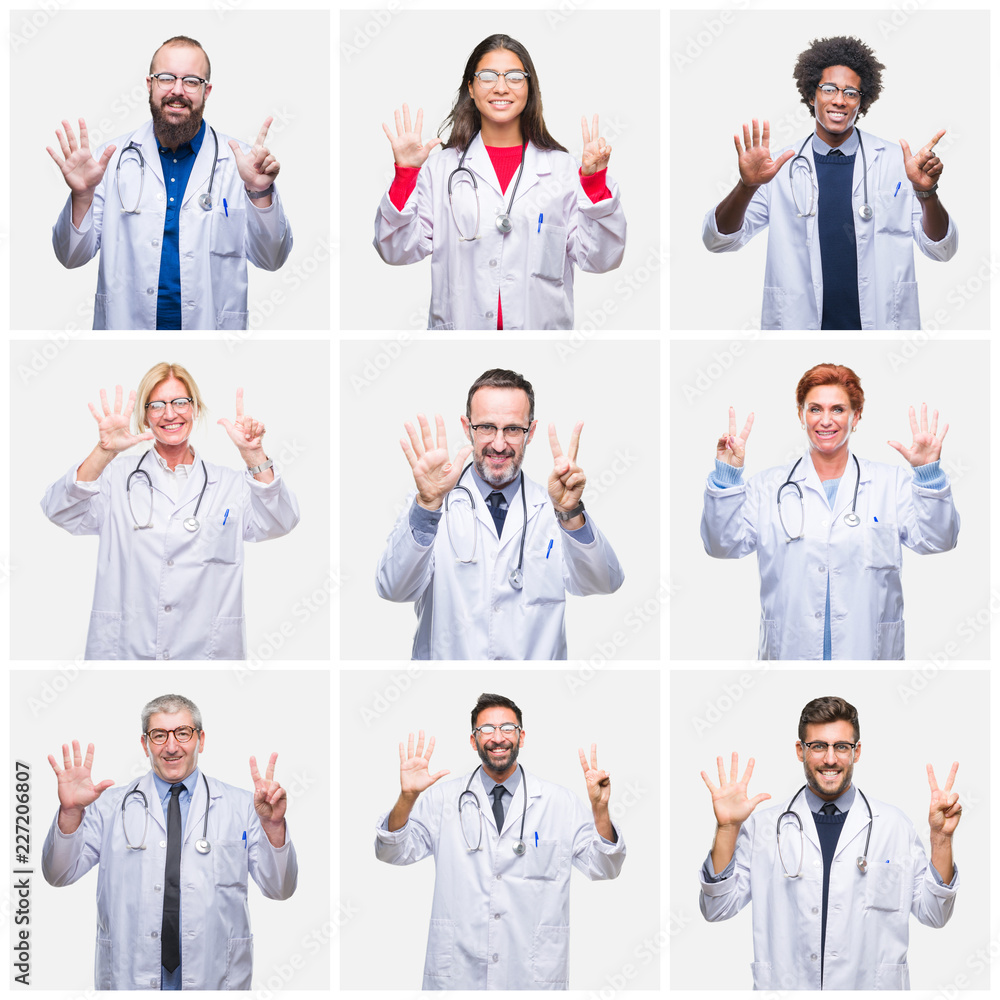 Collage of group of doctor people wearing stethoscope over isolated background showing and pointing up with fingers number seven while smiling confident and happy. Collage of group of doctor people wearing stethoscope over isolated background showing and pointing up with fingers number seven while smiling confident and happy.