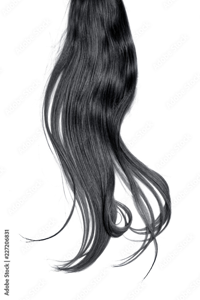 Black hair isolated on white background. Long disheveled ponytail