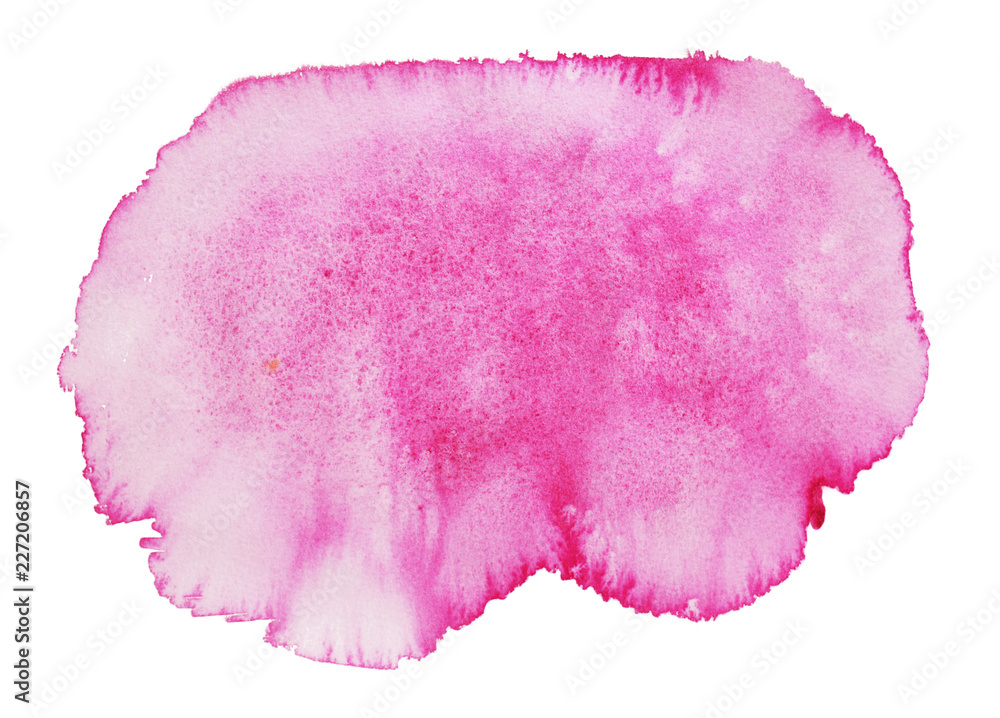 Large pink spot with airy watercolor effects. Abstract pink watercolor background. White paper, hand drawing.
