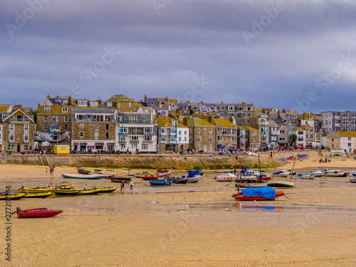 Boats lying on a sandbank at low tide at St Ives in Cornwall