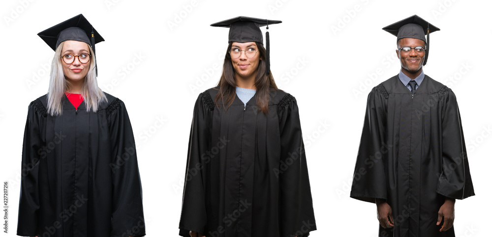 Collage of group of young student people wearing univerty graduated uniform over isolated background smiling looking side and staring away thinking.