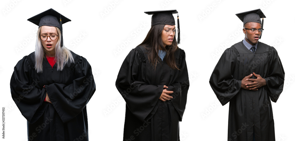 Collage of group of young student people wearing univerty graduated uniform over isolated background with hand on stomach because indigestion, painful illness feeling unwell. Ache concept.